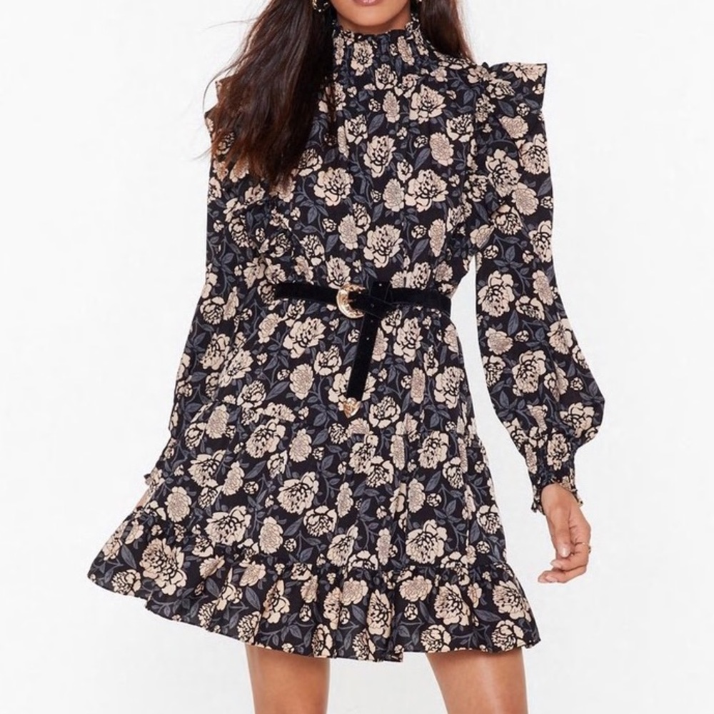 NWT: Floral Long Sleeve Ruffle Shoulder Mini Dress